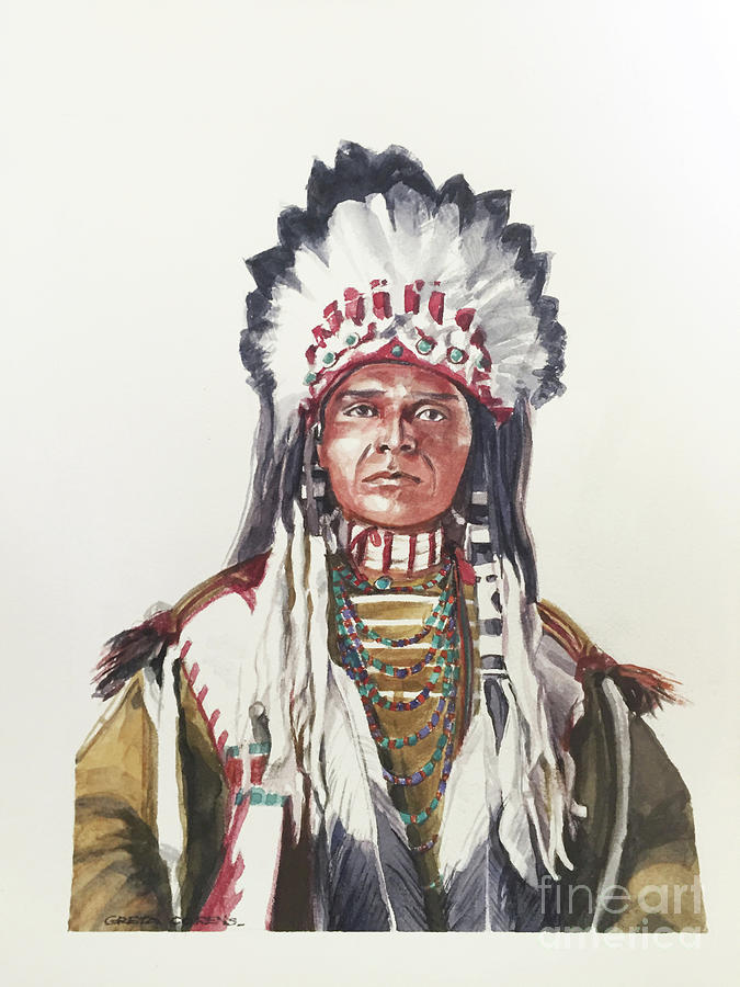 Watercolor of Native American Chief Blanket of the Sun Painting by Greta Corens