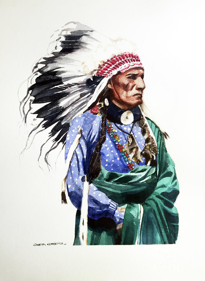 Watercolor of Native American Chief Red Pipe in a War Bonnet Painting by Greta Corens