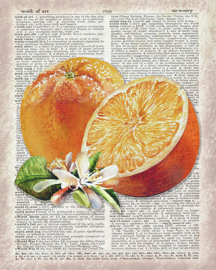 Watercolor Of Orange On Dictionary Page Work Of Art Painting by Irina Sztukowski
