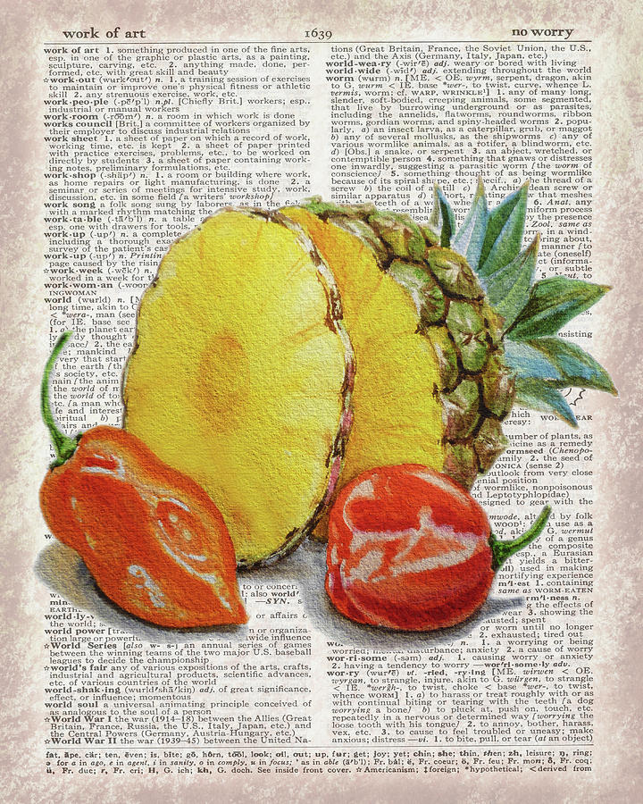 Watercolor Of Pineapple And Habanero On Dictionary Page Work Of Art Painting by Irina Sztukowski
