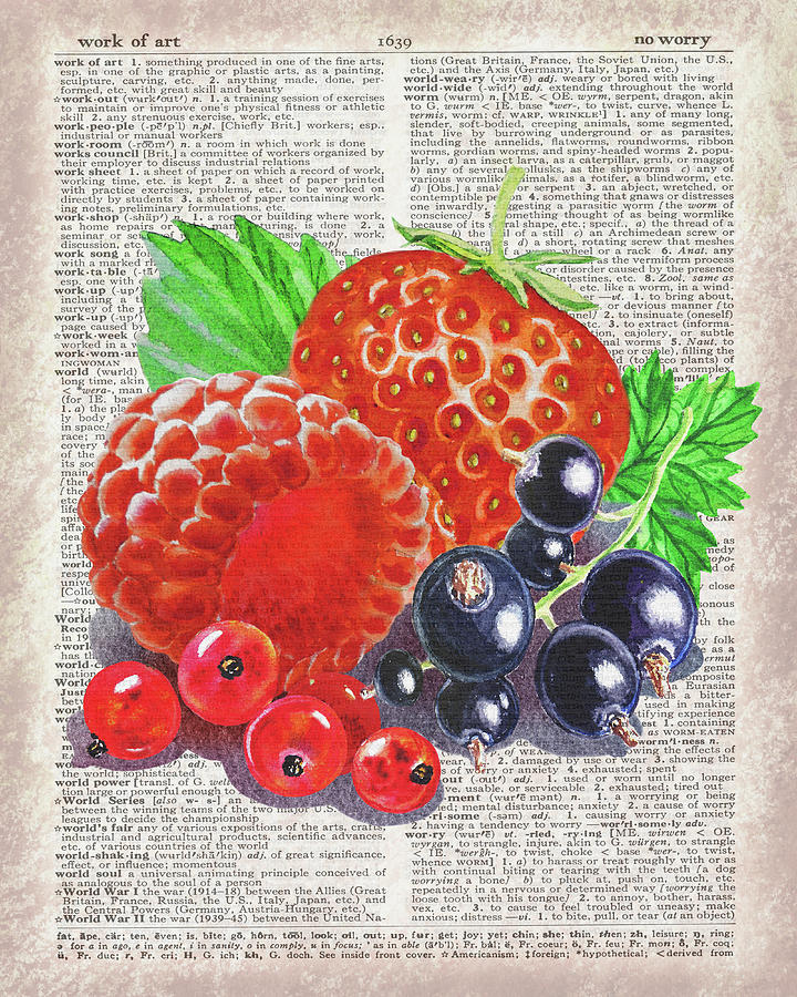 Watercolor Of Strawberry Blackcurrant Redcurrant Raspberry On Dictionary Page Work Of Art Painting by Irina Sztukowski