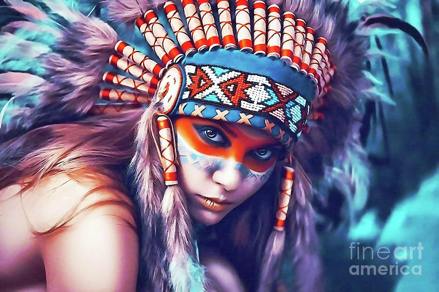 Native American Girl Watercolor Oily Digital Art by Trindira A