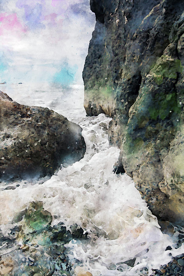 Watercolor Pacific Northwest Rocky Waves Painting by Dan Sproul