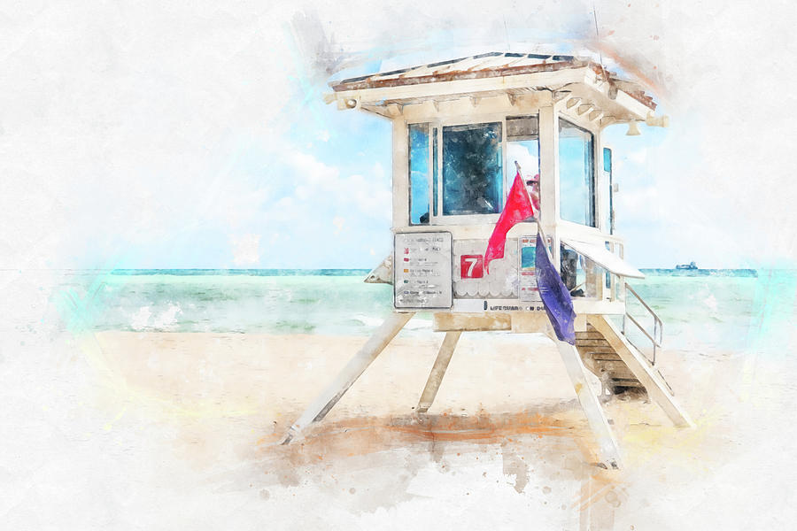 Watercolor paint effect of lifeguard tower in Fort Lauderdale Digital Art by Maria Kray