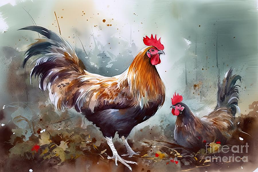 Rooster Painting - Watercolor painting chicken Animal Annual 2560  by N Akkash