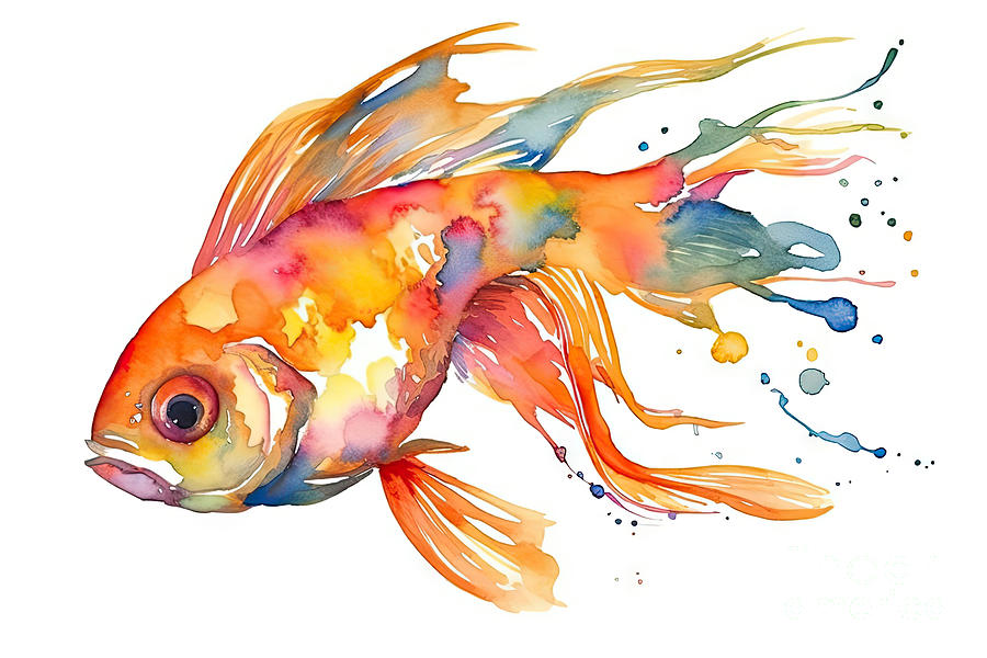 Goldfish Painting - Watercolor painting, goldfish, vector illustration, isolated on  by N Akkash