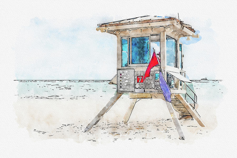Watercolor painting illustration of lifeguard tower in Fort Lauderdale Digital Art by Maria Kray