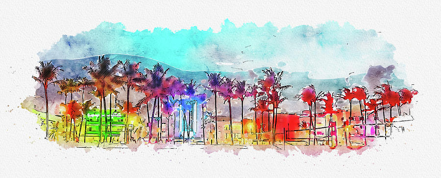 Watercolor painting illustration of Miami Beach Ocean Drive panorama with hotels and restaurants at sunset Digital Art by Maria Kray