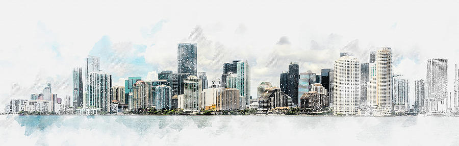 Watercolor painting illustration of Miami Downtown skyline in daytime with Biscayne Bay Digital Art by Maria Kray