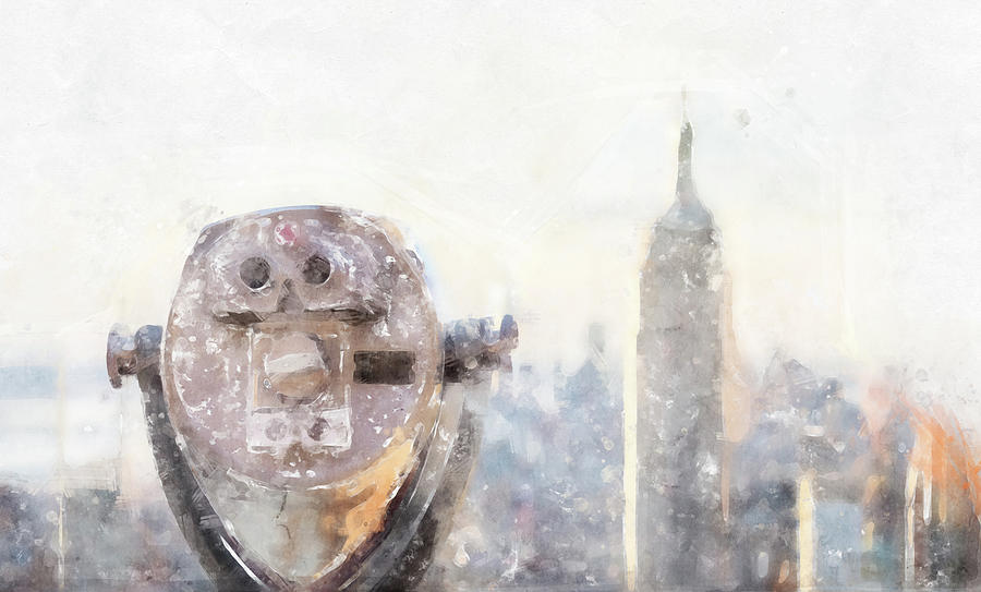 Watercolor painting illustration of Panorama with Binoculars looking at skyline in midtown Manhattan, New York City, USA Digital Art by Maria Kray