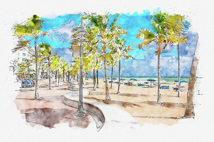 Watercolor painting illustration of Seafront beach promenade with palm trees in Fort Lauderdale Digital Art by Maria Kray