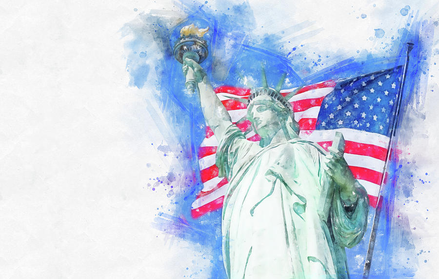 Watercolor painting illustration of Statue of Liberty with a large american flag and New York skyline in the background Photograph by Maria Kray