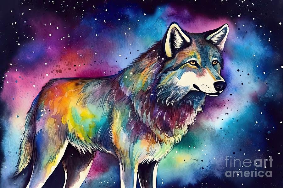 Unique Painting - Watercolor Painting of a Cosmic Wolf  by N Akkash