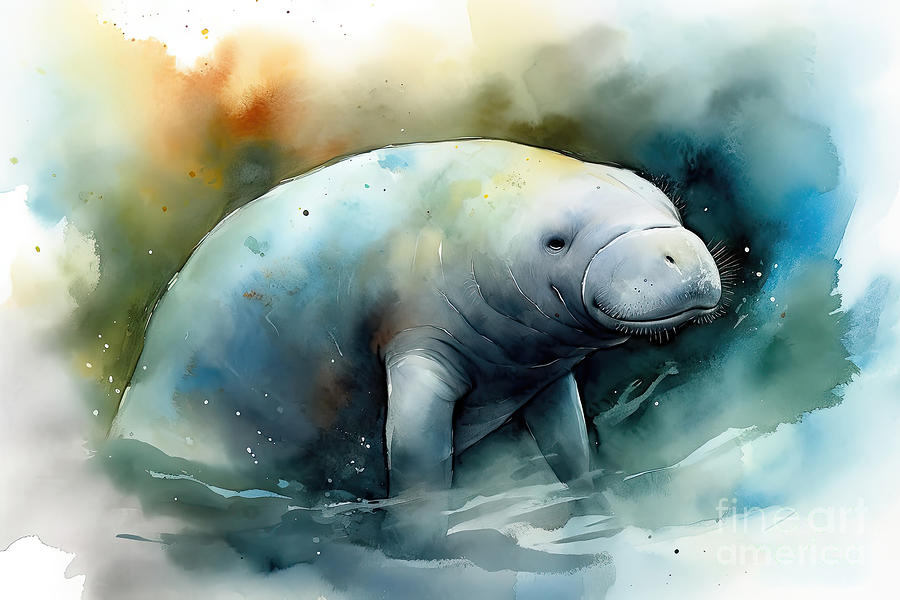 Wildlife Painting - Watercolor painting of a manatee.  by N Akkash
