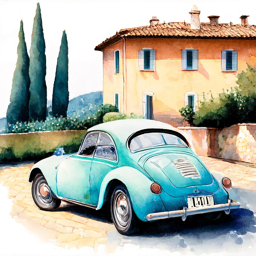 Watercolor Style Painting - Watercolor painting of an Italian car in Tuscany by Mounir Khalfouf
