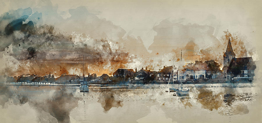 Watercolor painting of Beautiful Summer sunset landscape over low tide Bosham harbor with boats  Digital Art by Matthew Gibson
