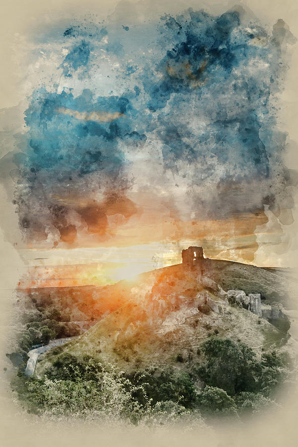 Watercolor Painting Of Corfe Castle Summer Sunrise Landscape. Digital Art