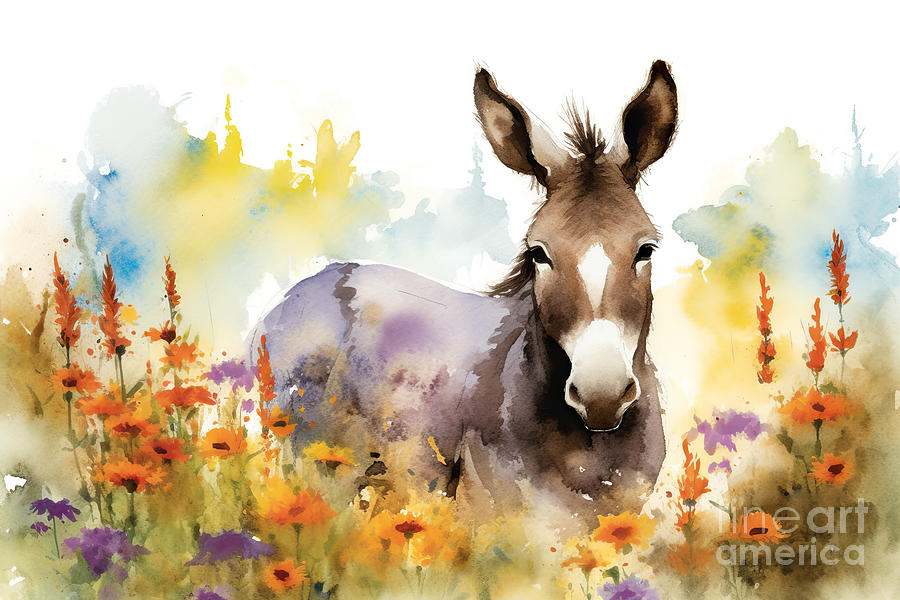 Spring Painting - Watercolor Painting Of Peaceful Donkey In A Colorful Flower Fiel by N Akkash