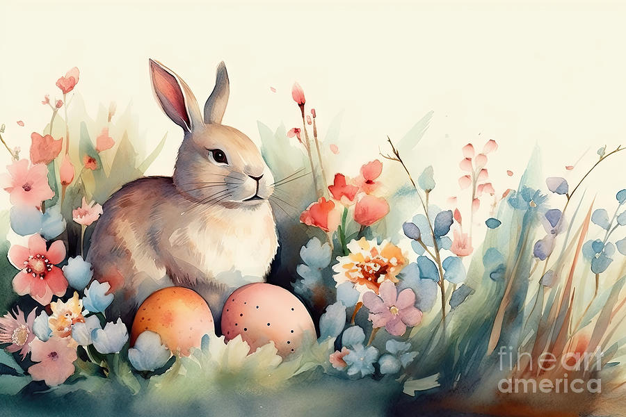 Watercolor painting of rabbit banner with copy space as illustra ...