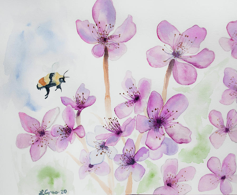 Watercolor - Peach Blossoms and Honeybee Painting by Cascade Colors
