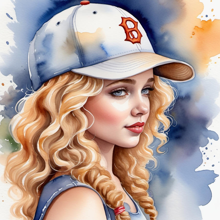 Watercolor Portrait -  Blonde Waves And Baseball Days Digital Art