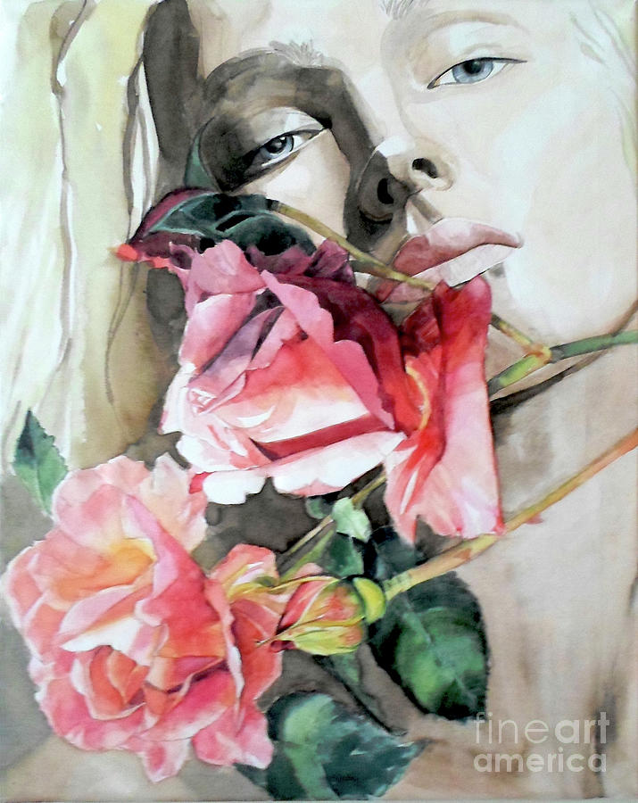 Watercolor Portrait Painting of a Young Woman with Roses Painting by Greta Corens