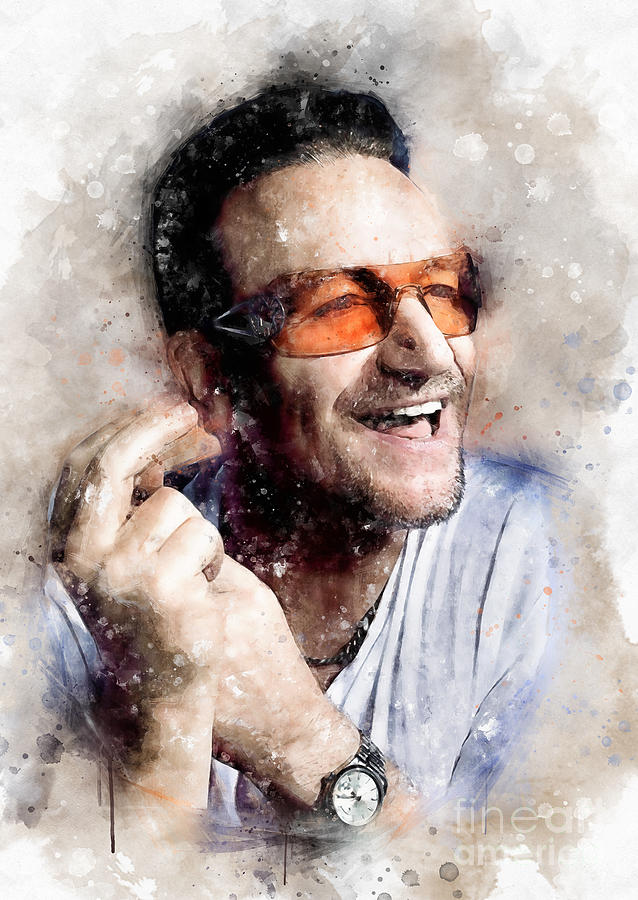 Watercolor portrait of Bono from U2 Painting by PopArts Pet - Fine