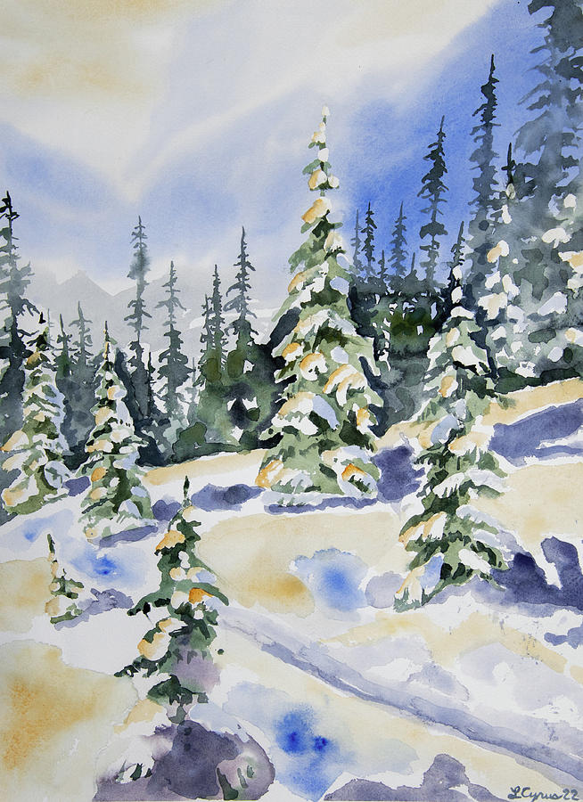 Watercolor - Portrait of Snowy Mountain Scene Painting by Cascade Colors