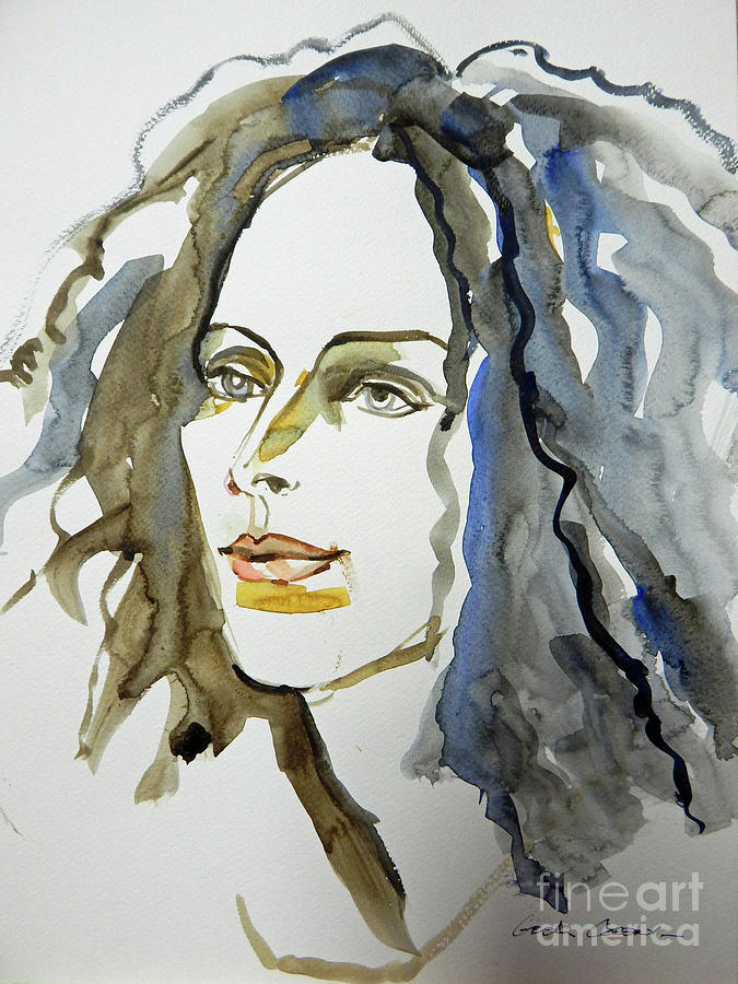 Watercolor Portrait Sketch of a Frizzy-haired Woman Painting by Greta Corens