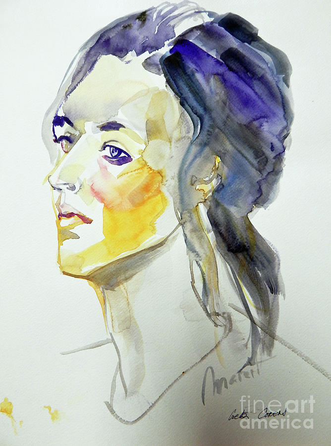 Watercolor Portrait Sketch of a Woman with an Intelligent Stare Painting by Greta Corens