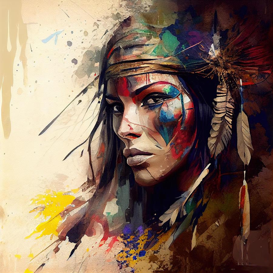 Watercolor Powerful American Native Warrior Woman #4 Digital Art by ...