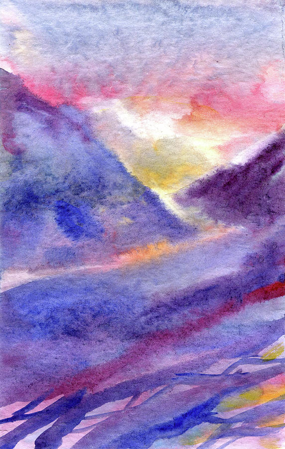 Watercolor Purple Mountain Sunrise View Painting Digital Art by Sambel Pedes