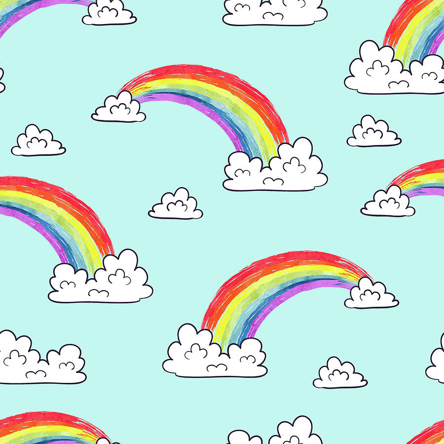 Watercolor Rainbows And Clouds Seamless Pattern Drawing