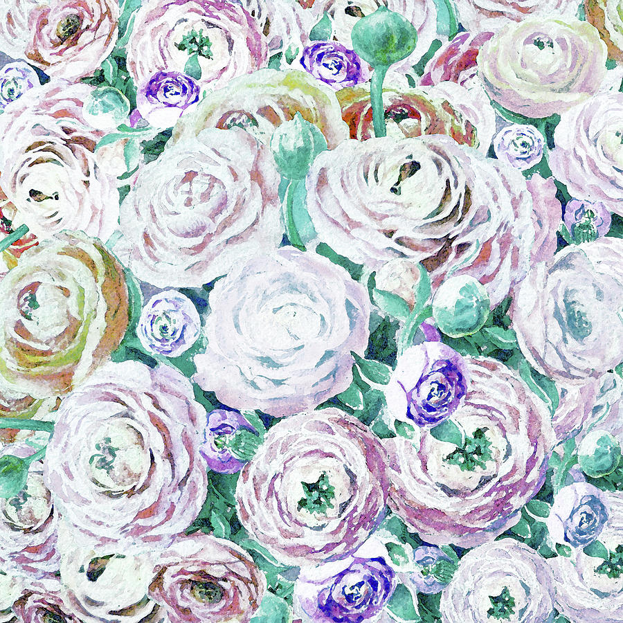 Watercolor Ranunculus Flowers In Soft Teal Blue And White Painting by Irina Sztukowski