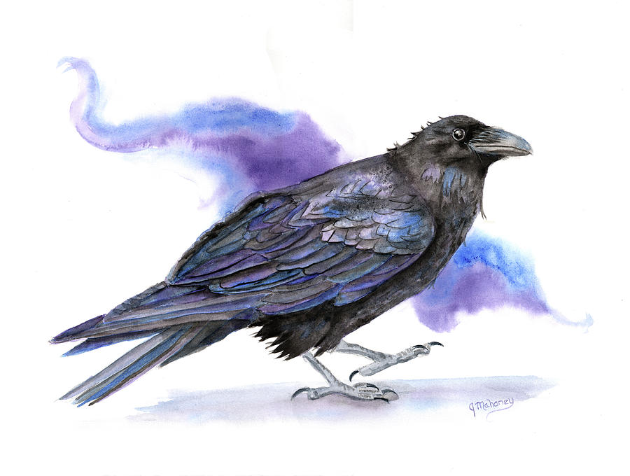 Watercolor Raven Painting by Jeanette Mahoney