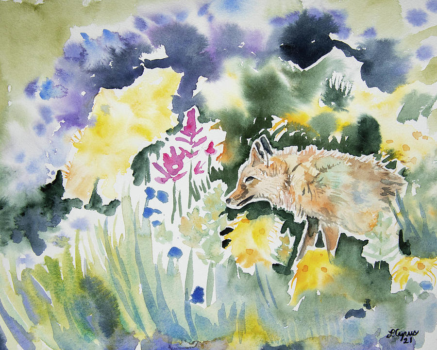 Watercolor - Red Fox Smelling Wlidflowers Painting by Cascade Colors