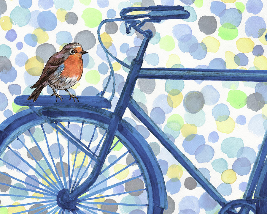 Watercolor Red Robing On Blue Bicycle Happy Ride  Painting by Irina Sztukowski