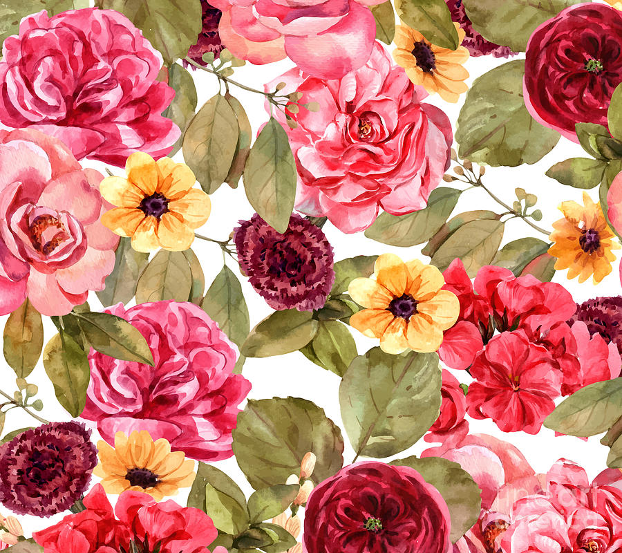 Watercolor Red Roses And Leaves Floral Pattern Digital Art By Noirty Designs