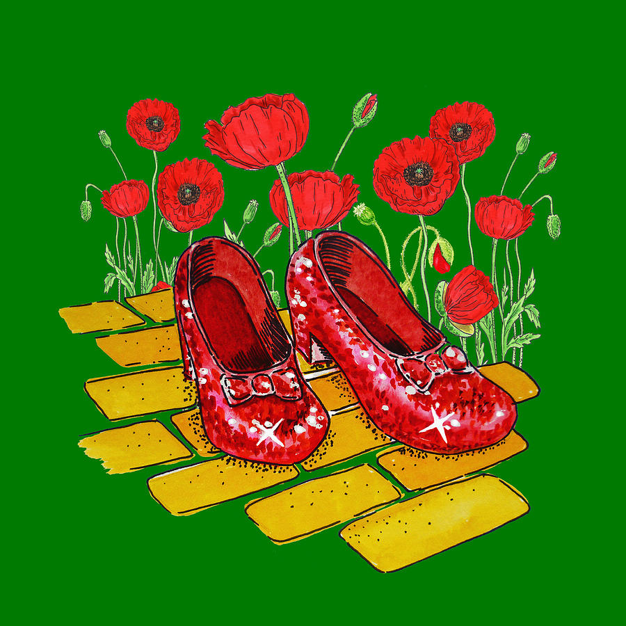 Watercolor Ruby Slippers Red Poppies  Heart Wizard Of Oz Painting by Irina Sztukowski