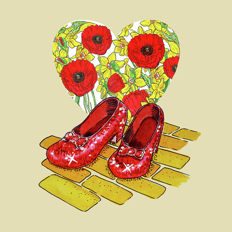 Watercolor Ruby Slippers Red Poppies Yellow Daffodils Heart Wizard Of Oz Painting by Irina Sztukowski
