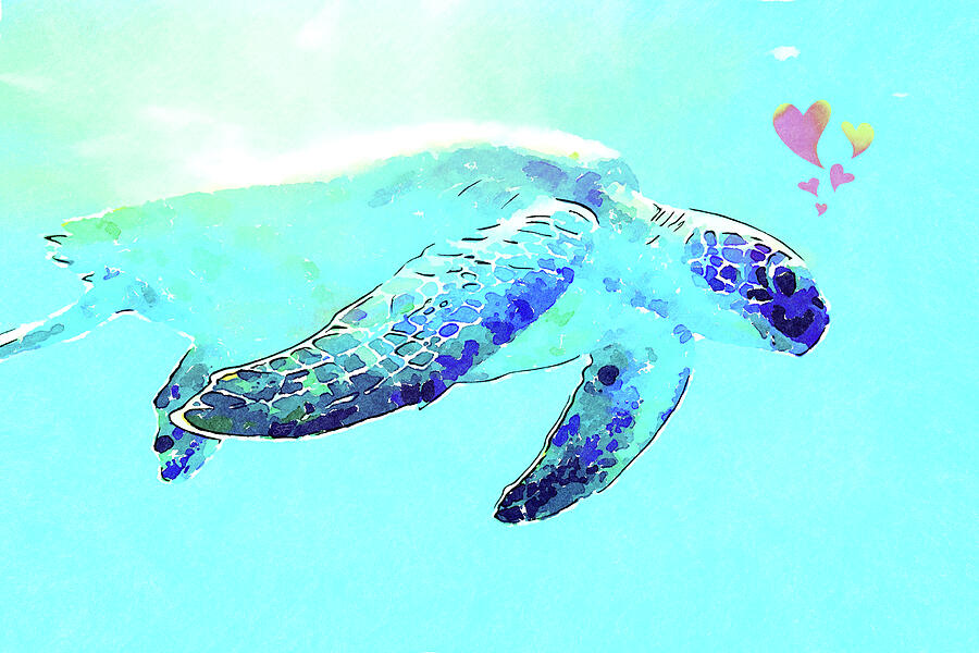 Watercolor Sea Turtle Love- Animal Wildlife Painting  Mixed Media by Shelli Fitzpatrick