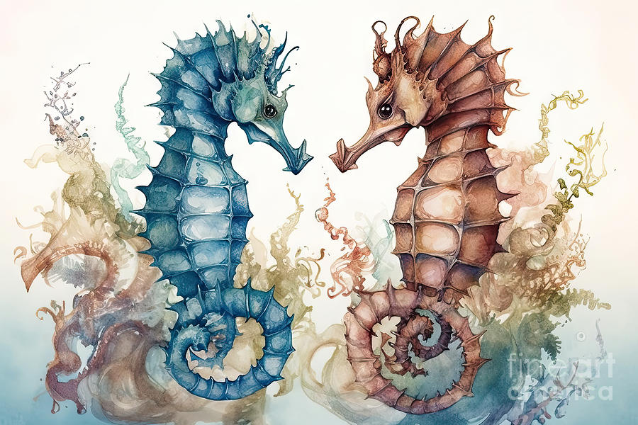 Seahorse Painting - Watercolor seahorses illustration  by N Akkash