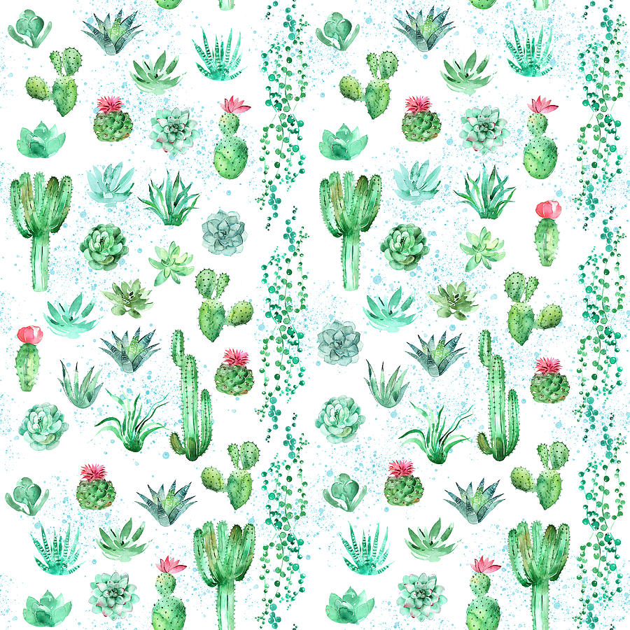 Watercolor Seamless Pattern Background With Succulents And Cactus Drawing