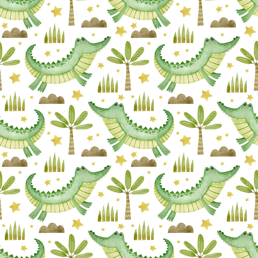 Watercolor Seamless Pattern Of Crocodile Palm Trees Drawing