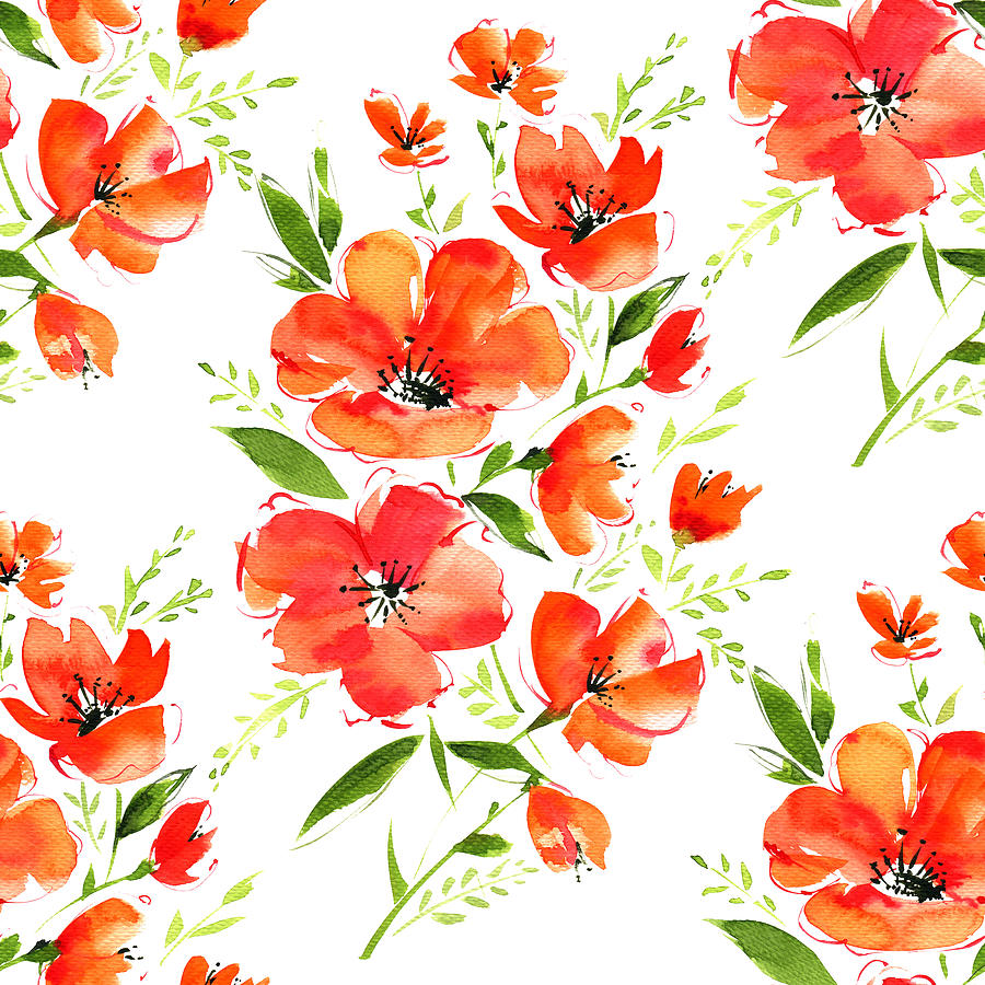 Watercolor Seamless Pattern Orange Poppies Flowers And Leaves Drawing