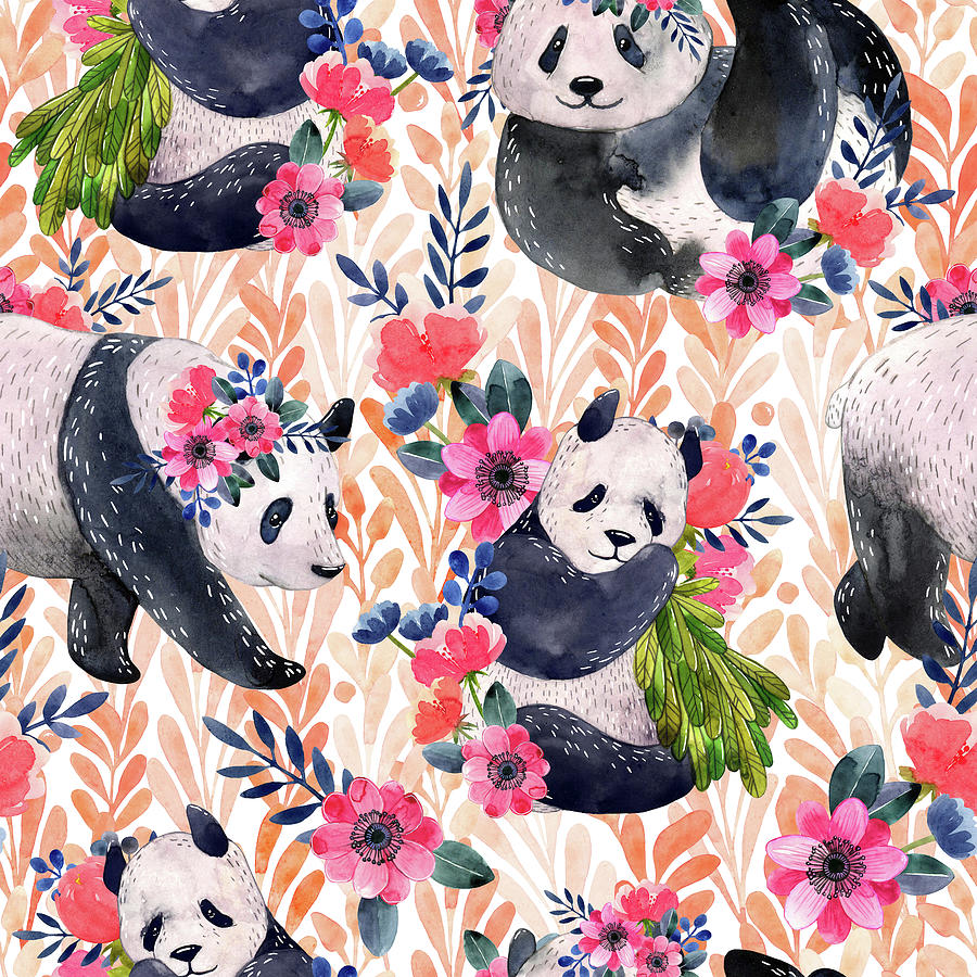 Vintage Drawing - Watercolor seamless pattern with pandas and flowers by Julien