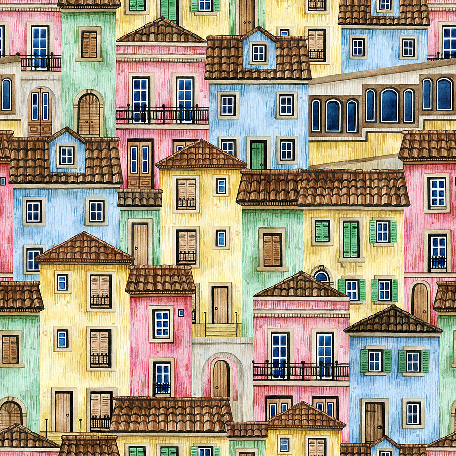 Watercolor Seamless Pattern With Portugal Houses And Funicular Drawing