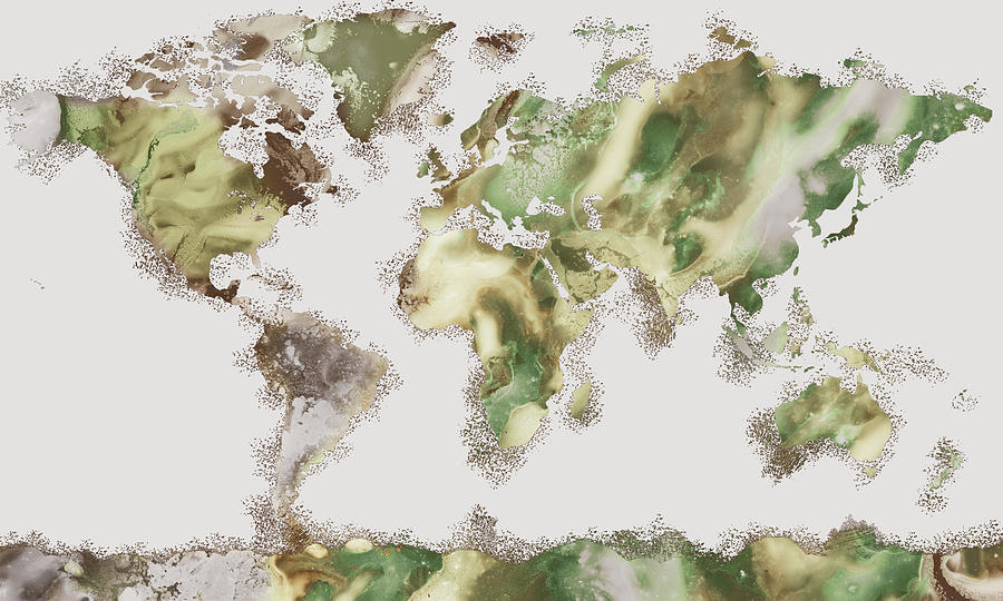 Watercolor Silhouette Of The World Green Beige Map  Painting by Irina Sztukowski