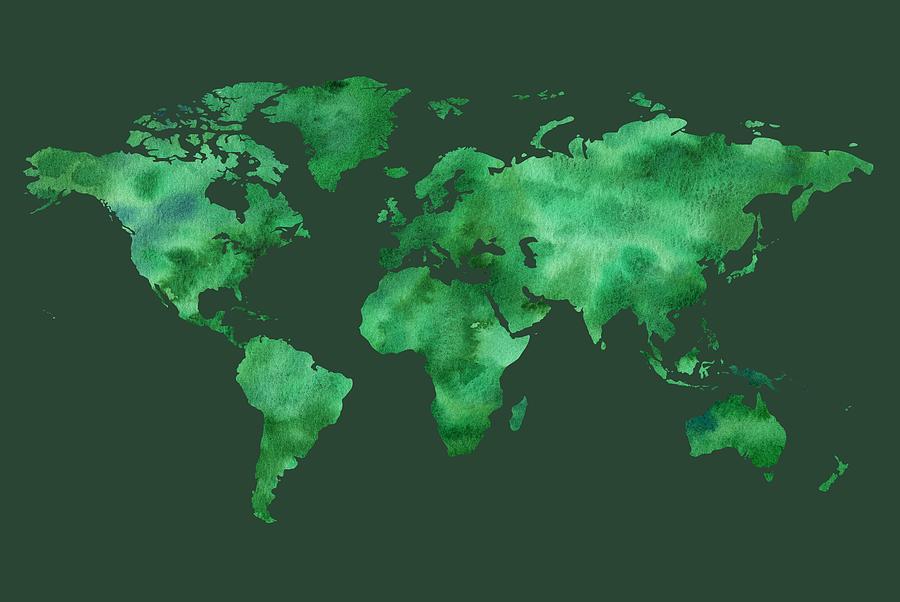 Watercolor Silhouette World Map Colorful PNG XXXI Green Painting by Irina Sztukowski