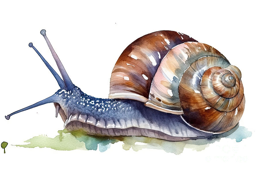 Nature Painting - Watercolor single snail animal isolated on a white background il by N Akkash